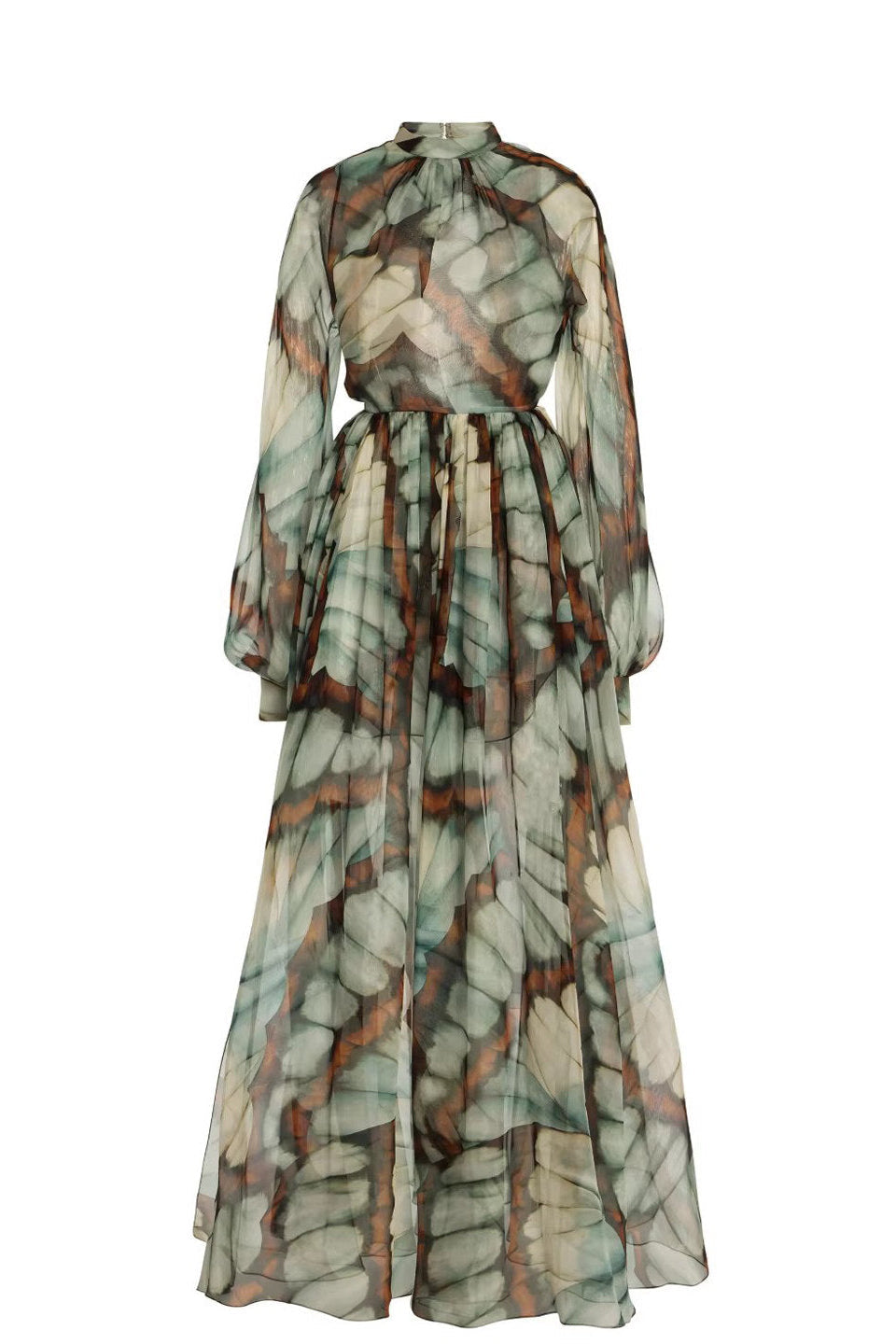 Ethereal Butterfly Print Chiffon Maxi Dress - High Neck & Flowy Sleeves