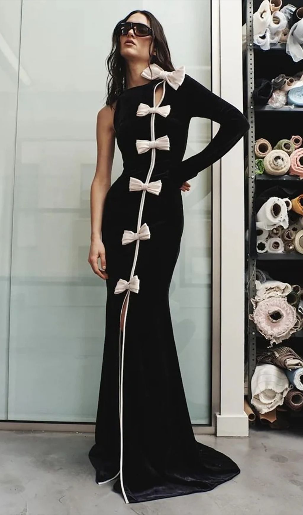 Joyce Black Velvet One-Sleeve Bow Maxi Gown | Statement Slit Dress