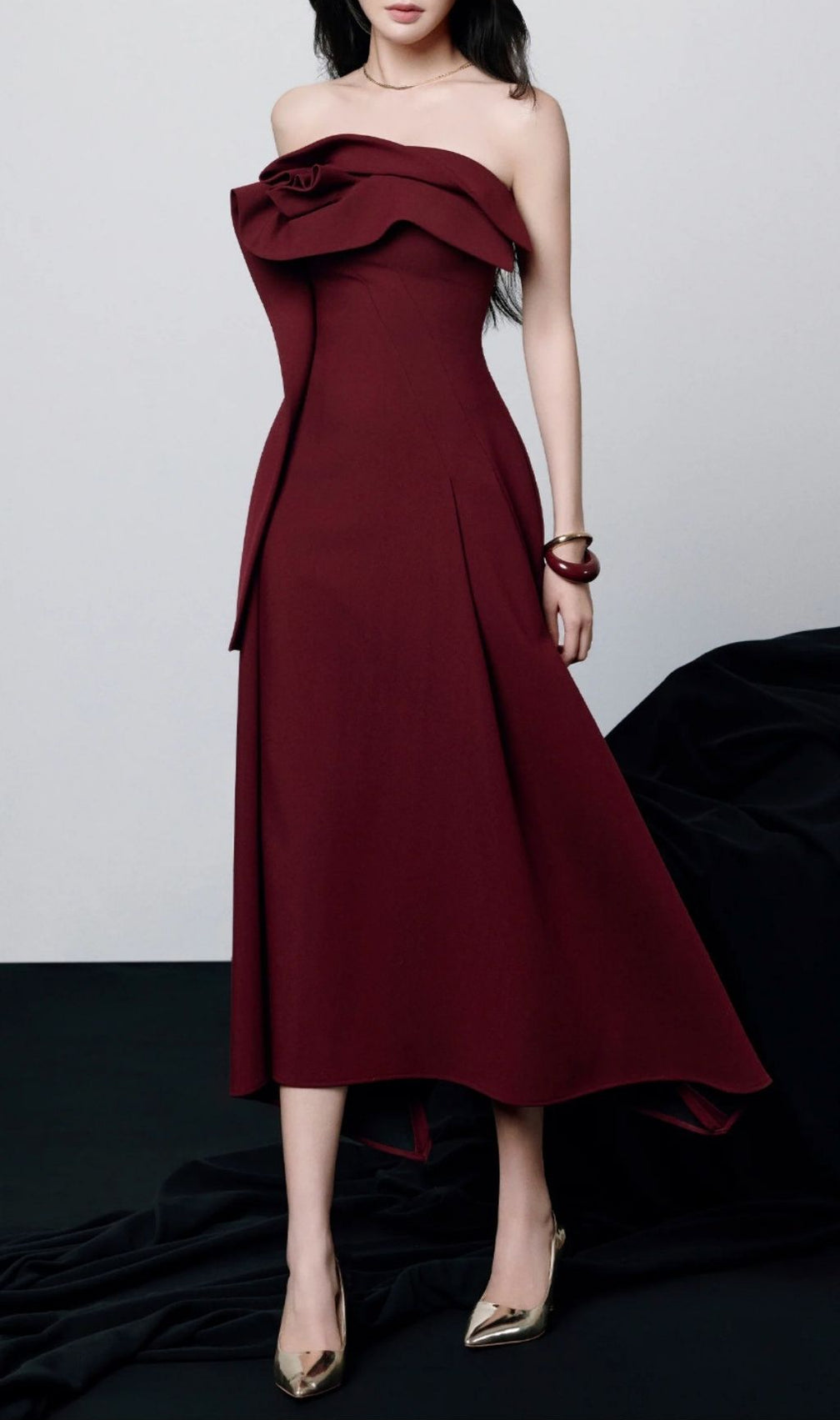 Kesia Radiant Red Draped Strapless Midi Dress - Elegant Asymmetric Hem