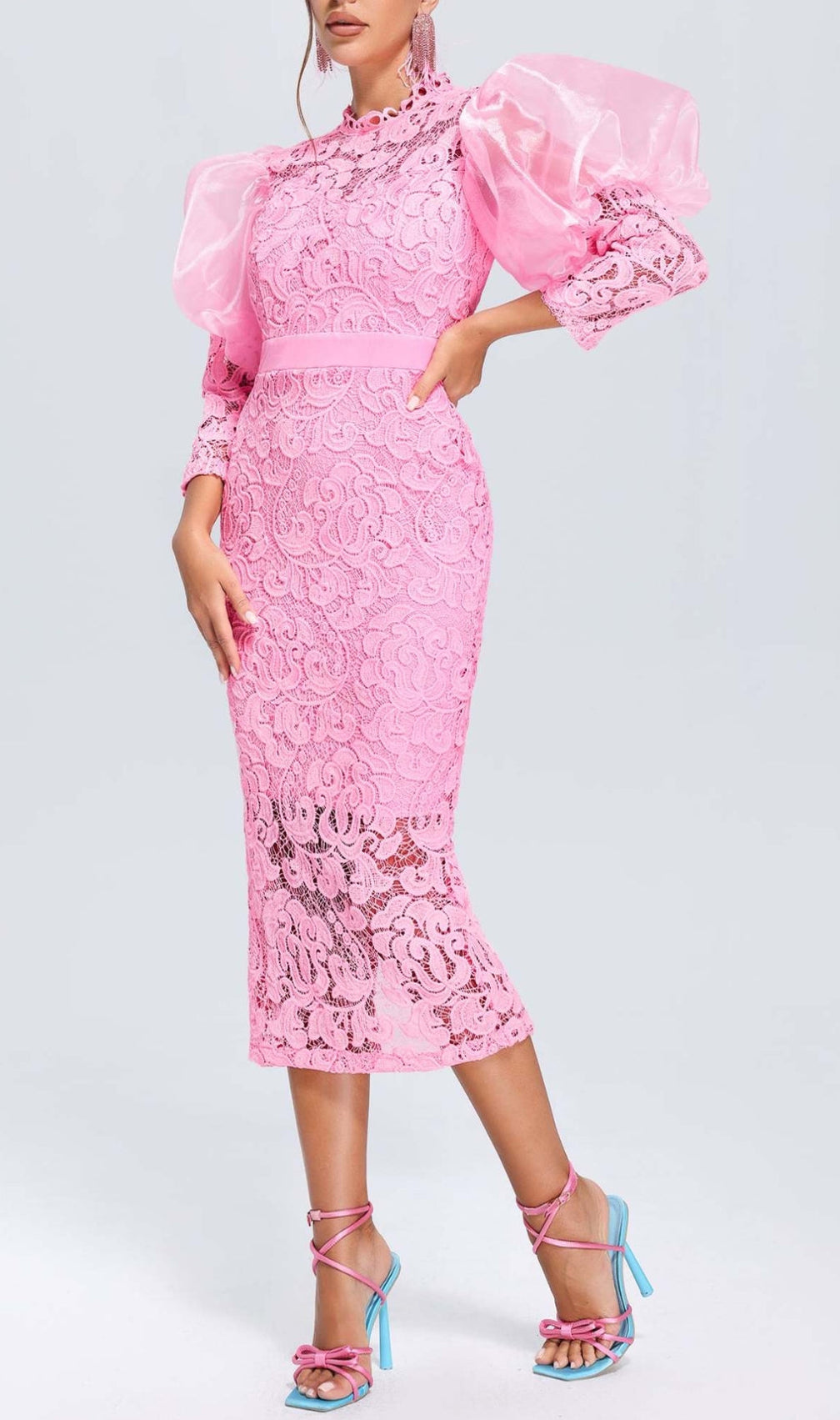 Aithne Pink Puff Sleeve Lace Midi Dress