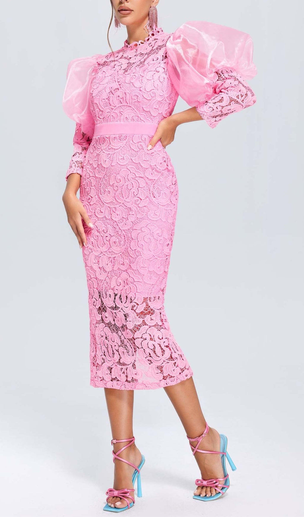 Aithne Pink Puff Sleeve Lace Midi Dress