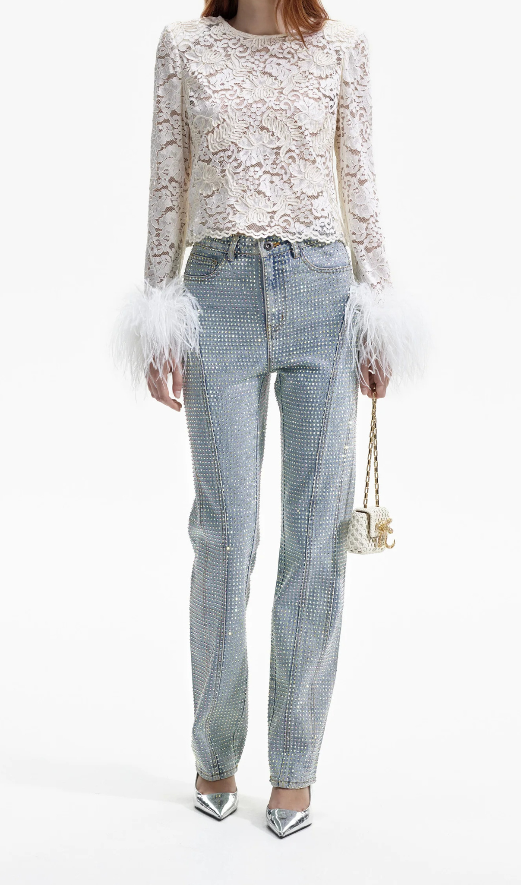 Akihito Cream Cord Lace Feather Top