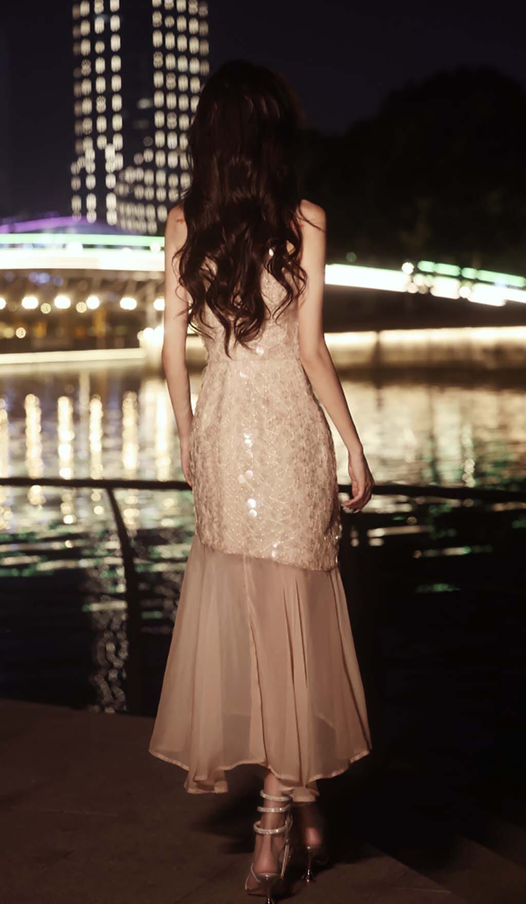 Rhinestone Mermaid Midi Dress In Khaki