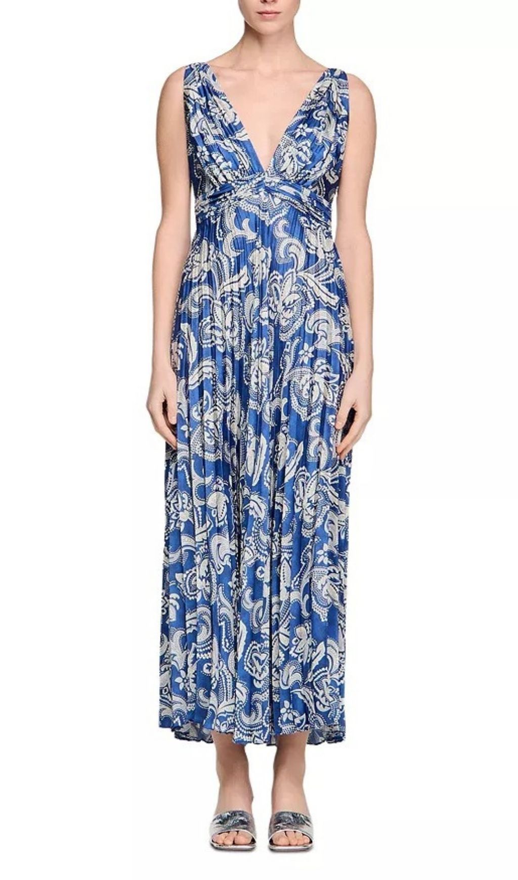 Elegant Blue & White Floral Pleated V-Neck Maxi Dress for Women