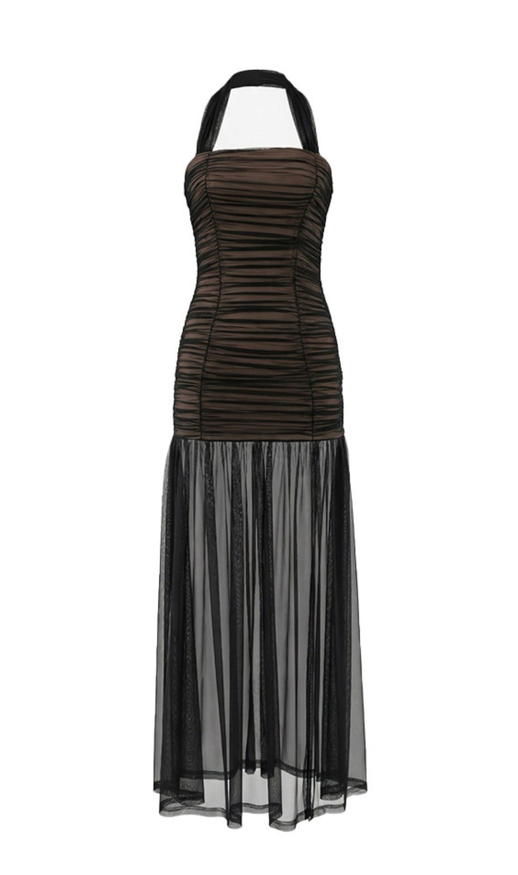 Jadzia Black Halter Ruched Mesh Maxi Dress – Elegant Evening Gown for Special Occasions