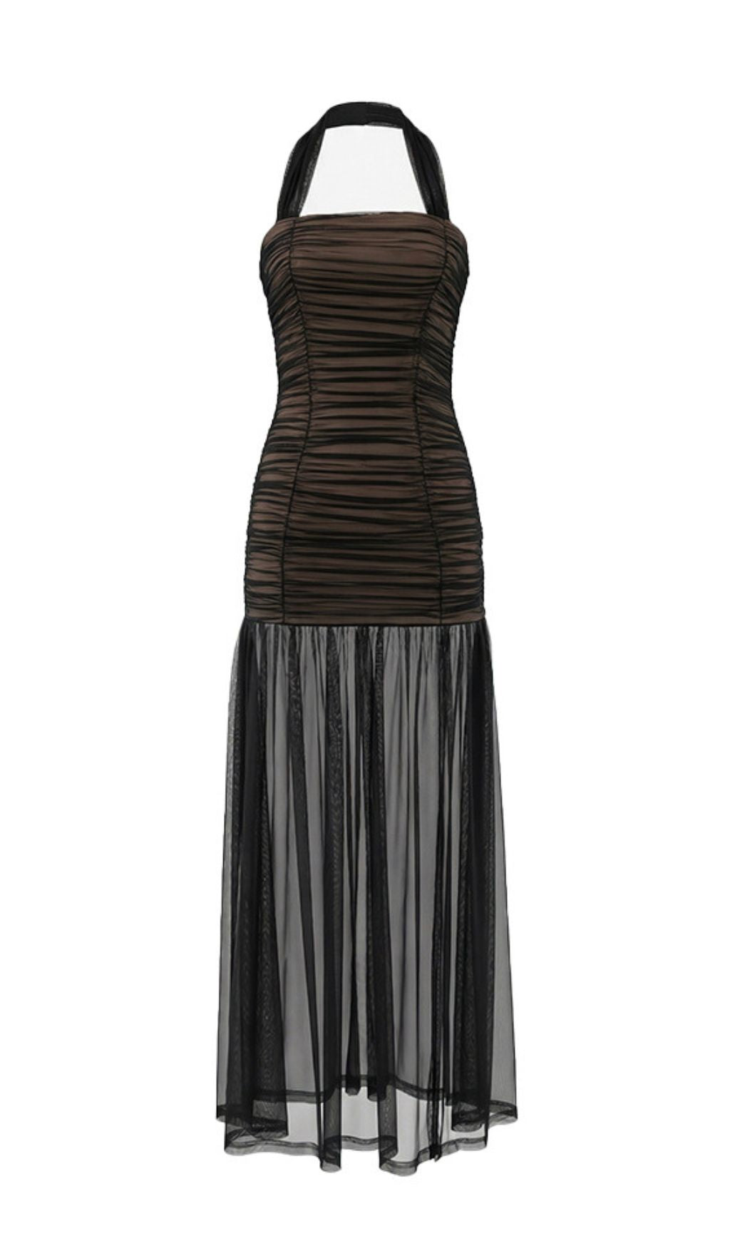 Jadzia Black Halter Ruched Mesh Maxi Dress – Elegant Evening Gown for Special Occasions