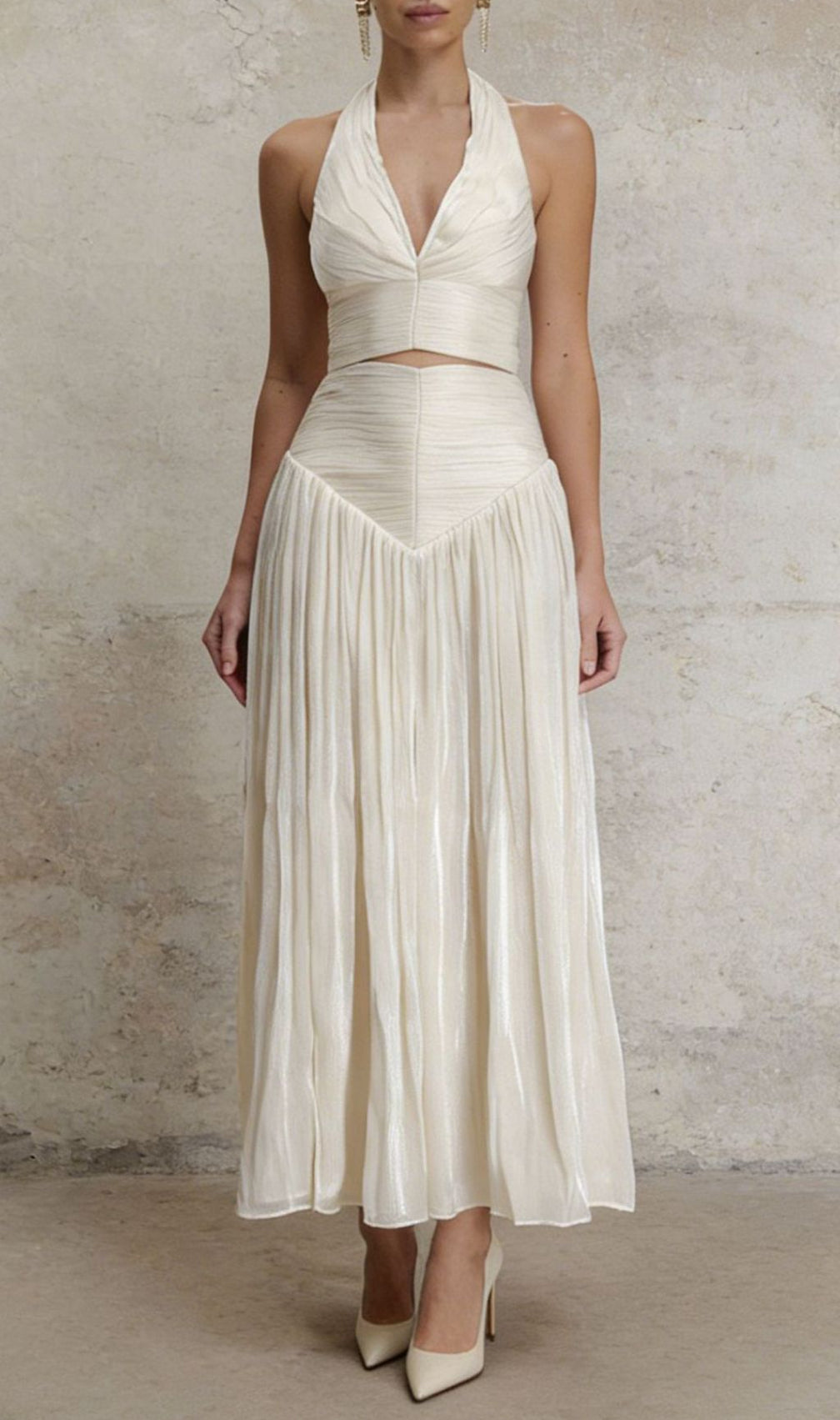 Jania Chic Halter Crop Top & Pleated Maxi Skirt Set | Elegant Two-Piece