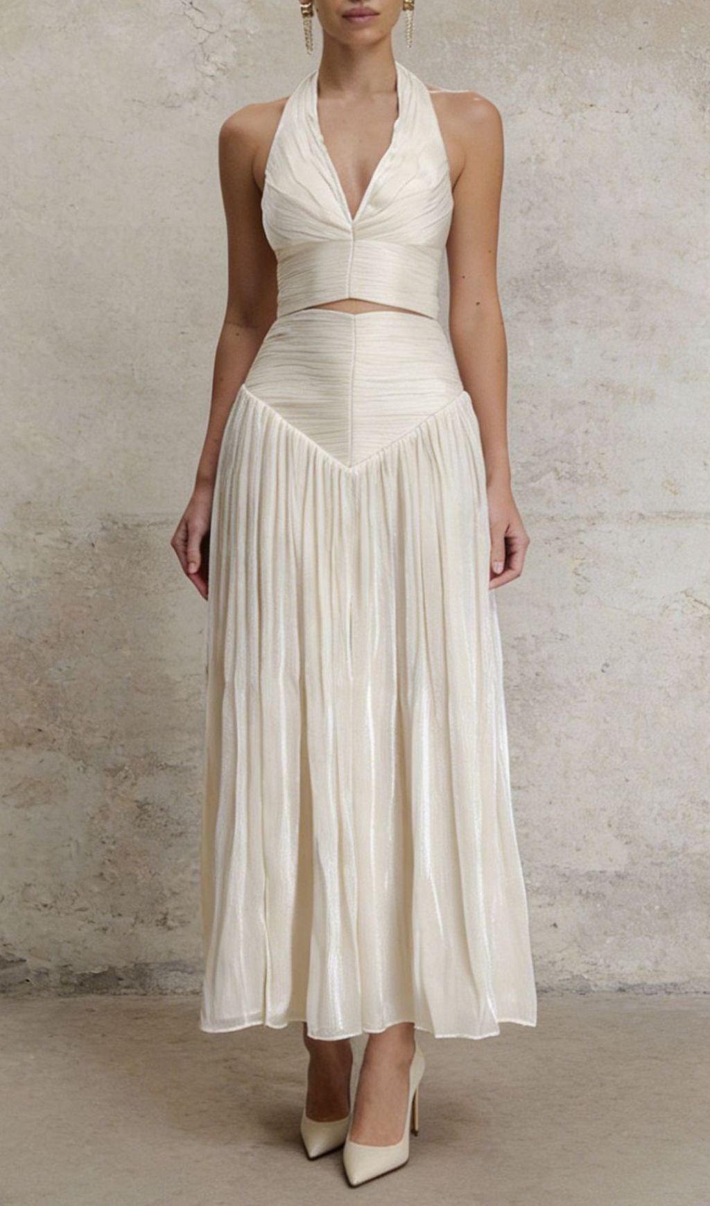 Jania Chic Halter Crop Top & Pleated Maxi Skirt Set | Elegant Two-Piece