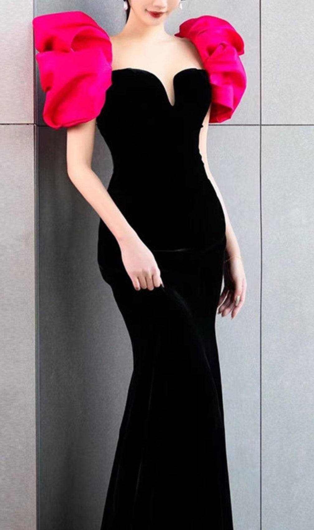 Red Puff Sleeve Black Maxi Dress