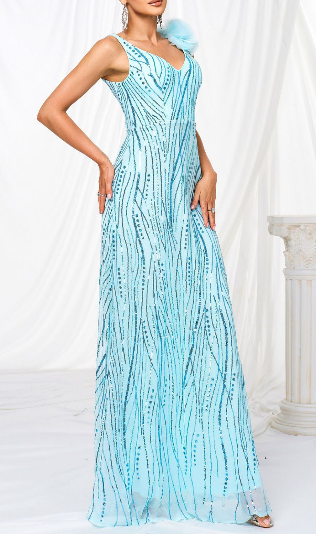 Fia Blue V-Neck Sequin Maxi Dress