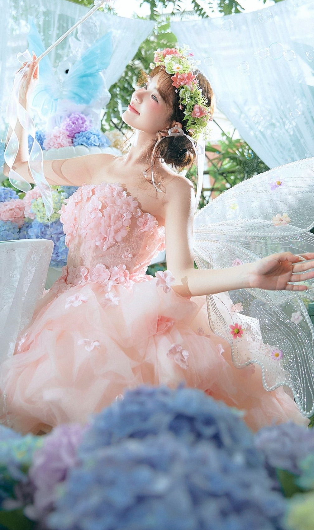 Krista Pink Strapless Flower Mini Dress