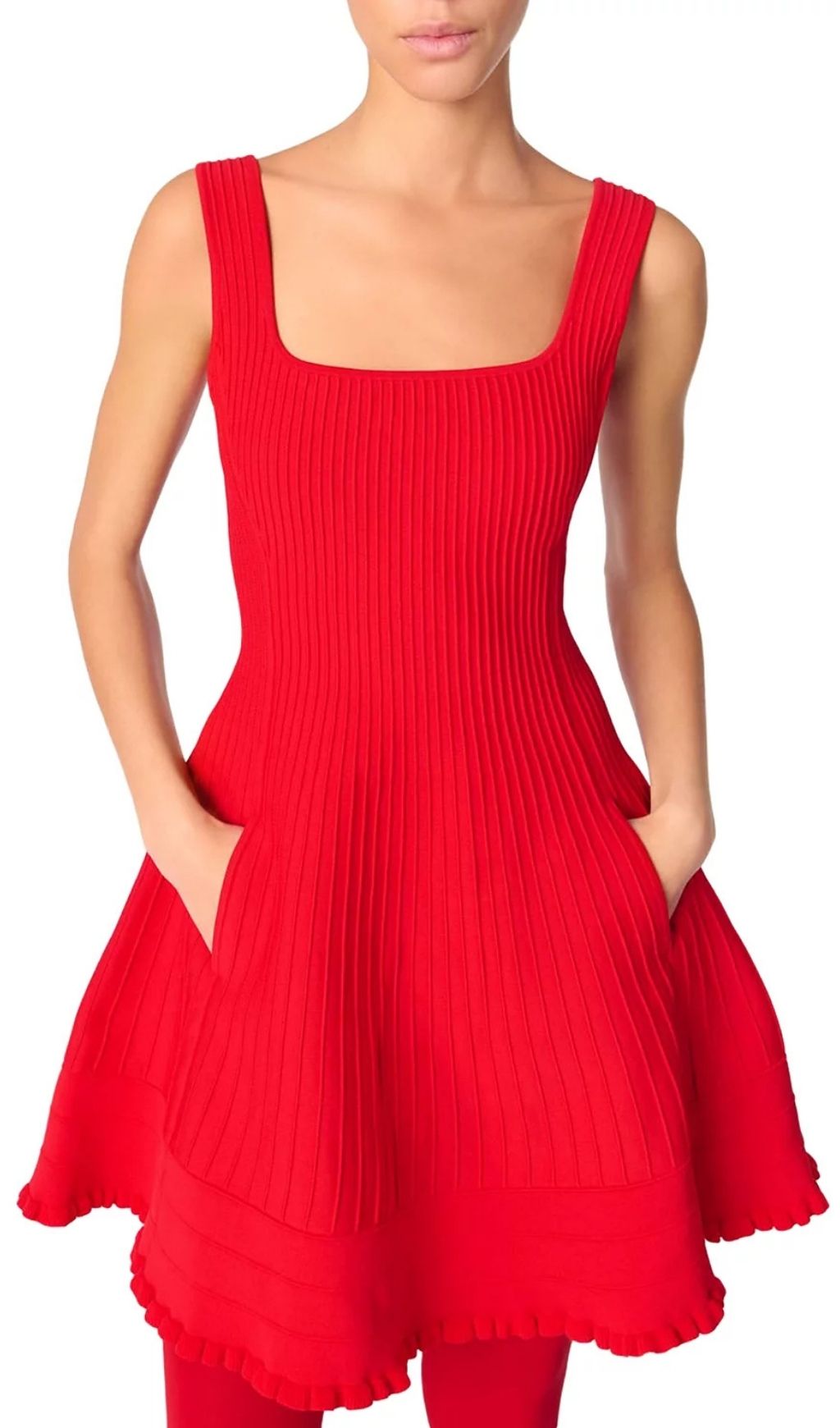 Vibrant Red Rib-Knit Fit & Flare Mini Dress | Chic Square Neck Sleeveless