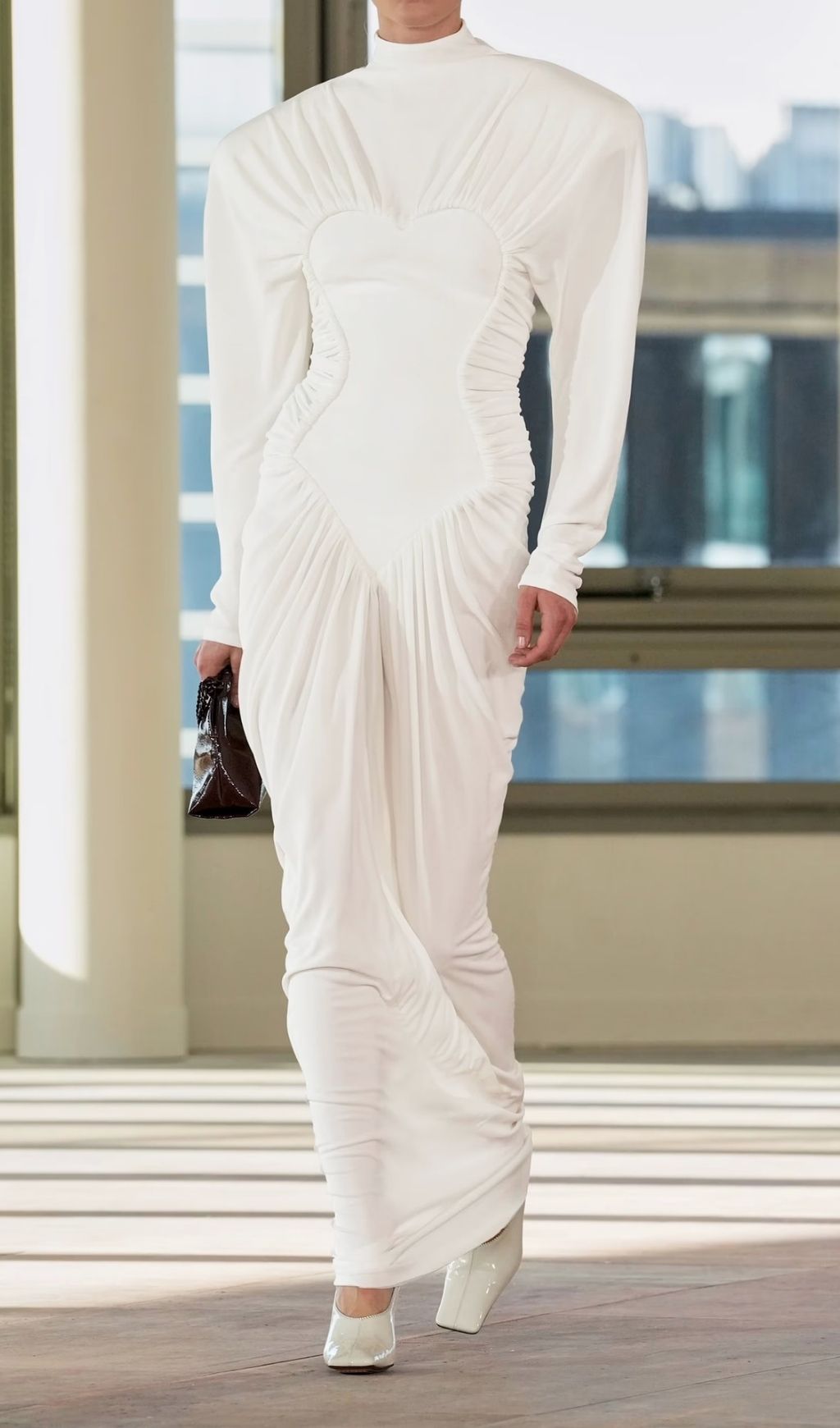Katrien Sculptural White Ruched Heart Bodice Maxi Dress - Elegant Long Sleeve Gown