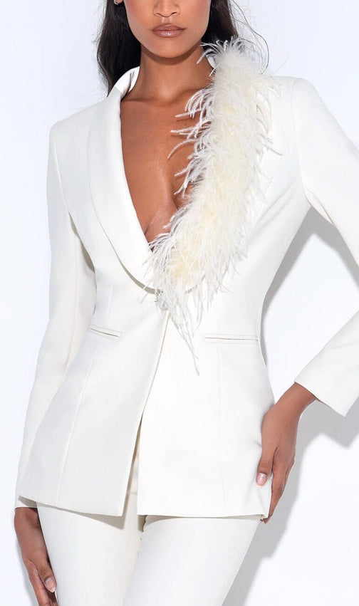Cream White Blazer Suit With Feather Trim