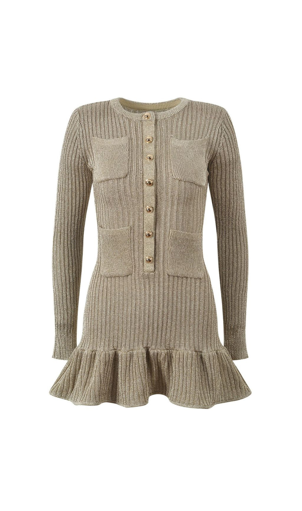 Shimmering Metallic Knit Mini Dress | V-Neck, Pockets & Ruffle Hem
