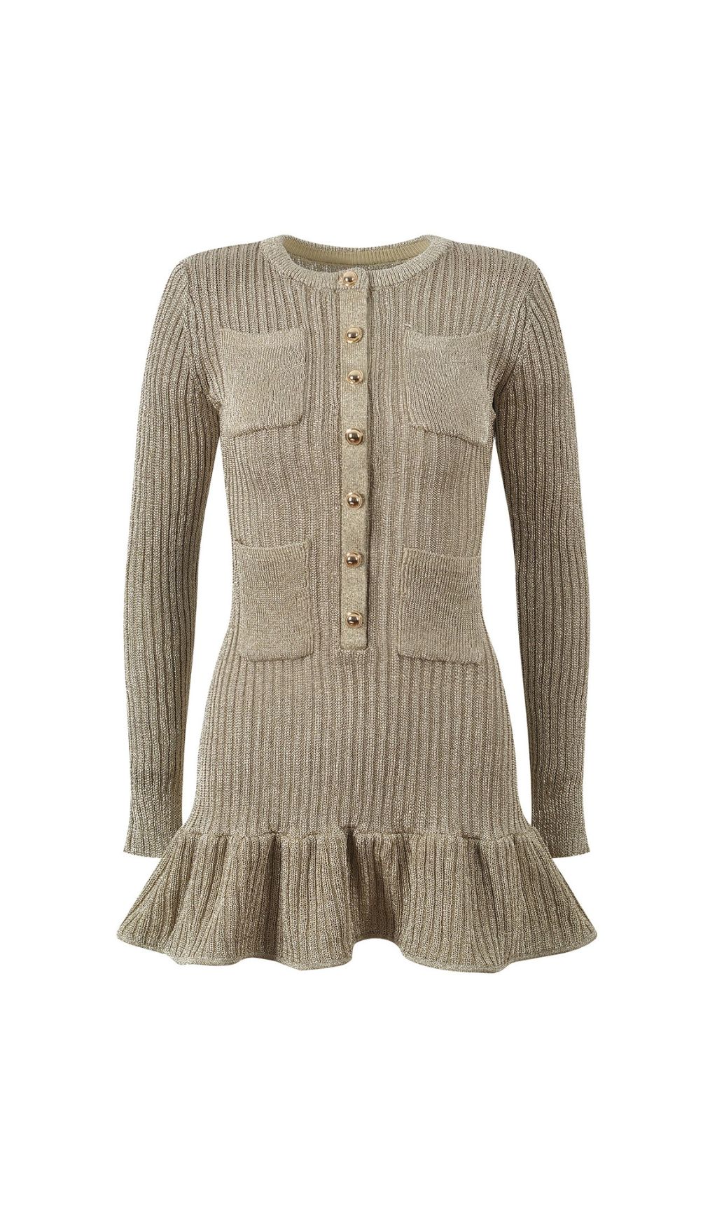 Shimmering Metallic Knit Mini Dress | V-Neck, Pockets & Ruffle Hem