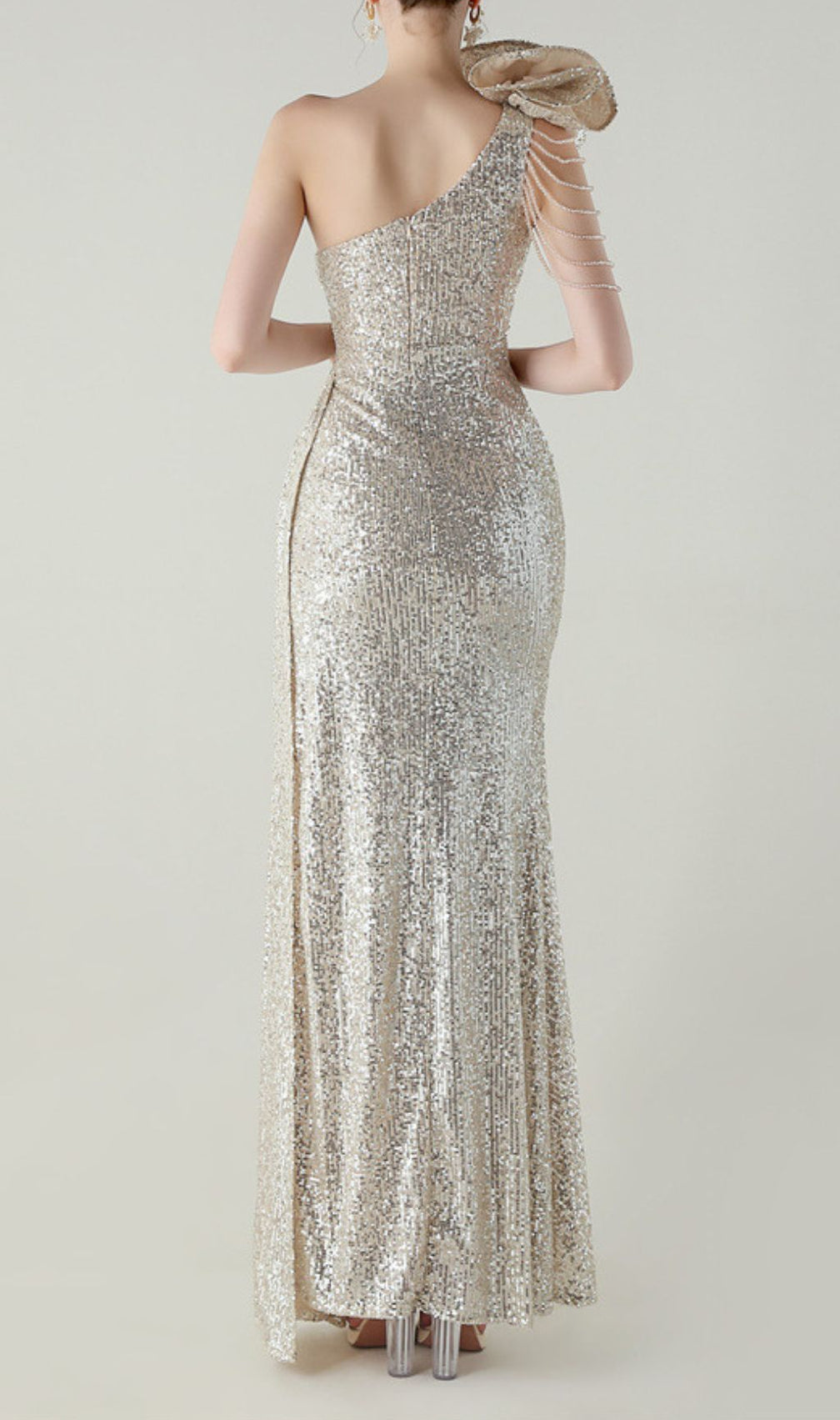 Ikia Silver Sequin One-Shoulder Maxi Dress | Dazzling Formal Gown with Slit