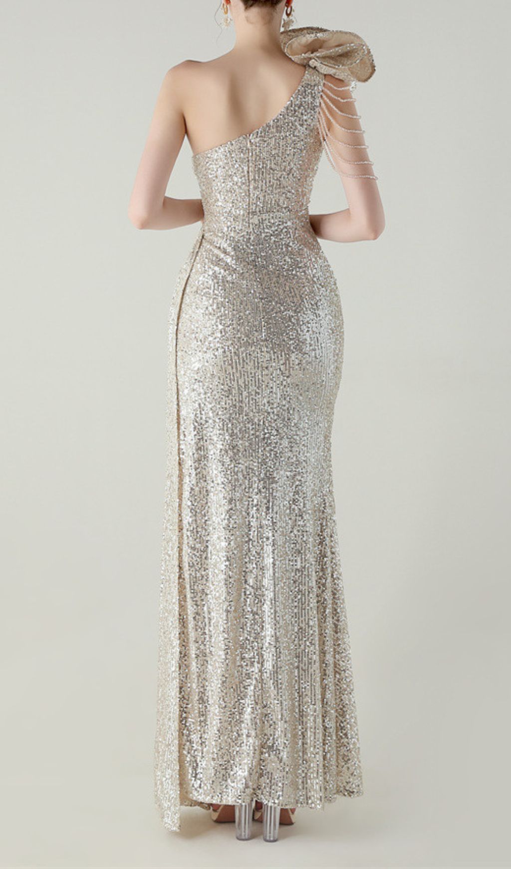 Ikia Silver Sequin One-Shoulder Maxi Dress | Dazzling Formal Gown with Slit