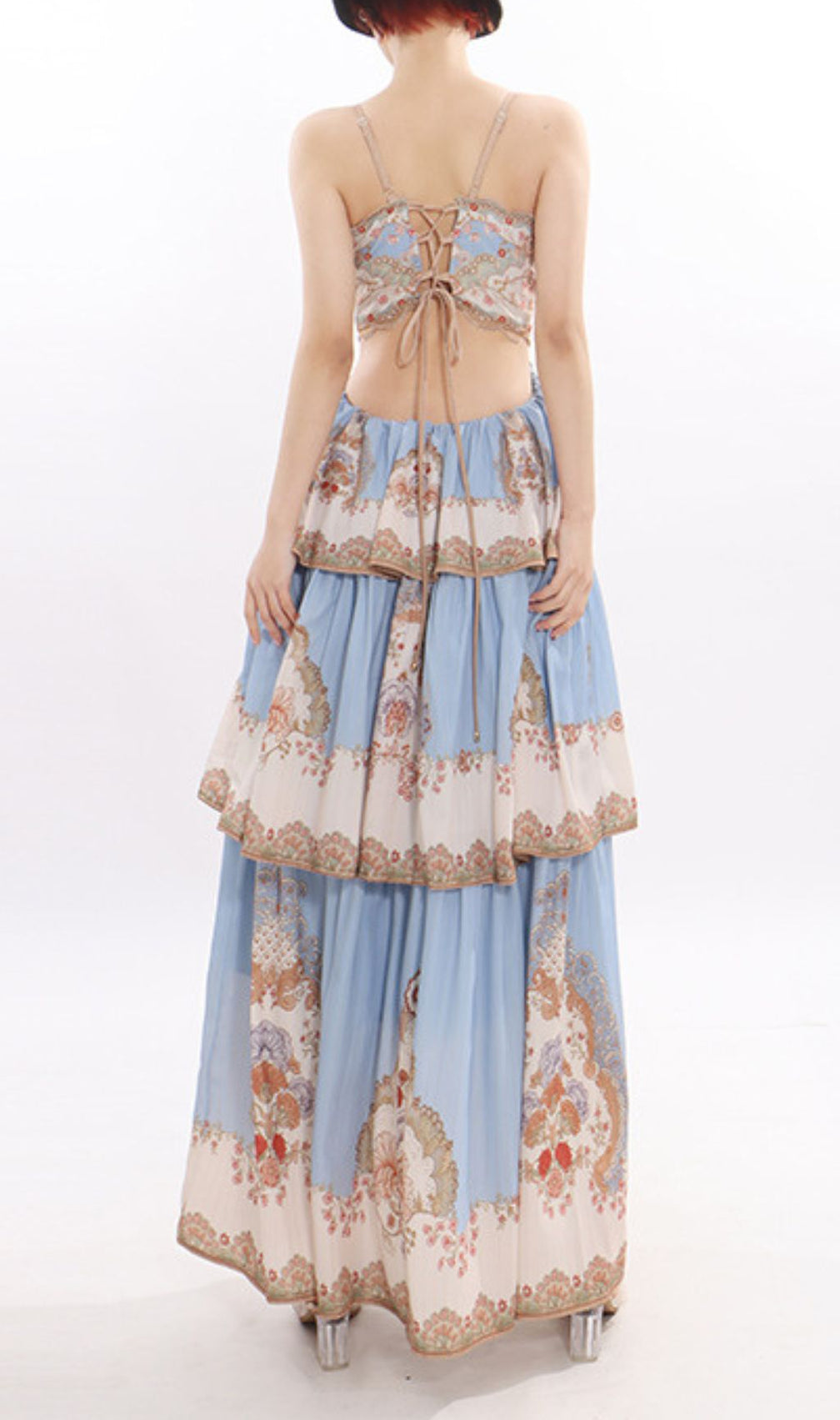 Jevic Serene Blue Bohemian Tiered Maxi Dress - Intricate Print & Strappy Design