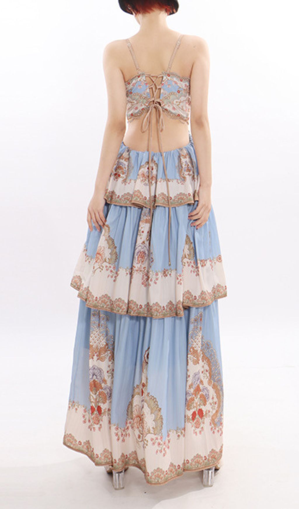 Jevic Serene Blue Bohemian Tiered Maxi Dress - Intricate Print & Strappy Design