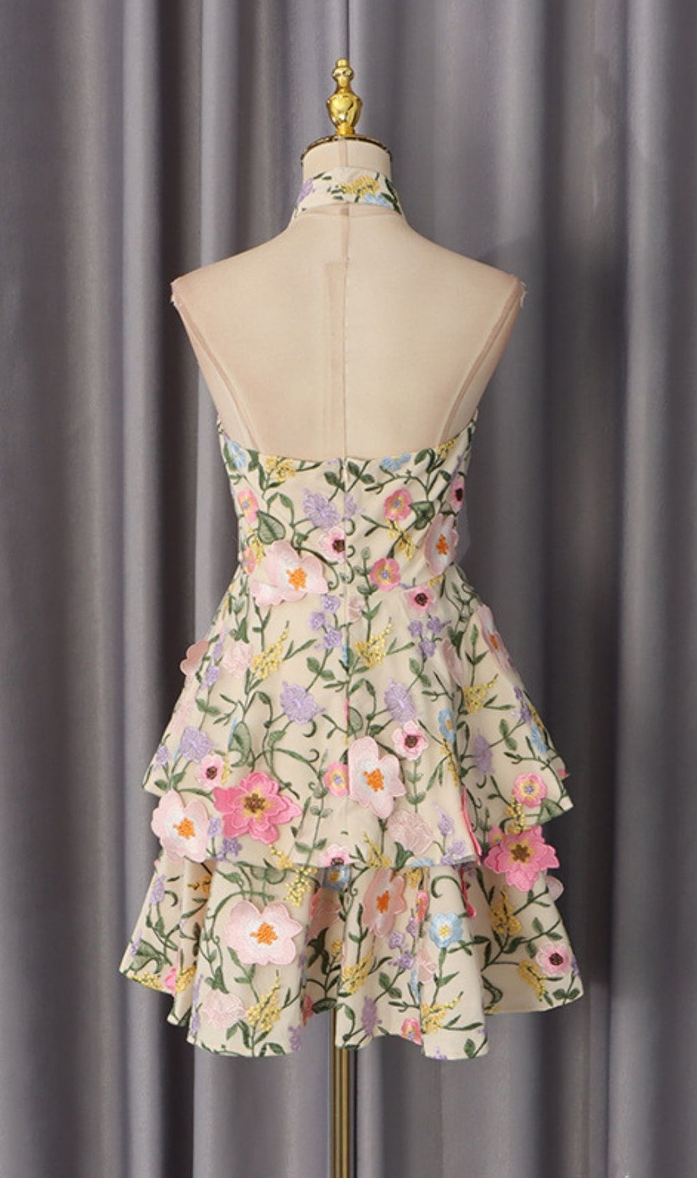 Dyllis Halterneck Floral Embroidered Mini Dress - Elegant Tiered Cocktail & Party Style
