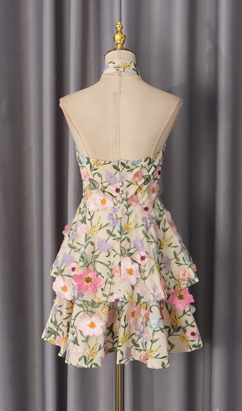 Dyllis Halterneck Floral Embroidered Mini Dress - Elegant Tiered Cocktail & Party Style