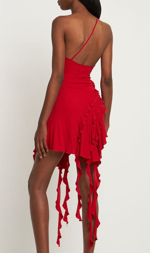 Rose-Detail Ruffled Mini Dress In Red