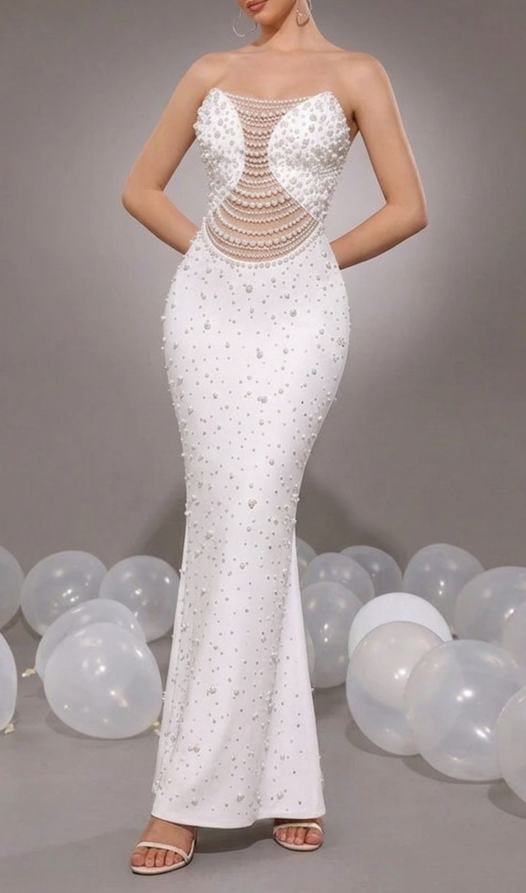 Kenda Luxury White Strapless Beaded Maxi Gown | Stunning Bandage Formal Dress