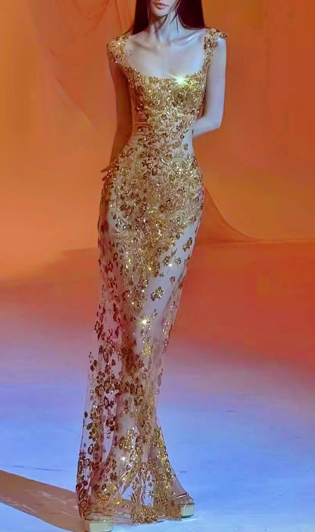 Kochava Gold Sequin Beaded Mesh Maxi Dress