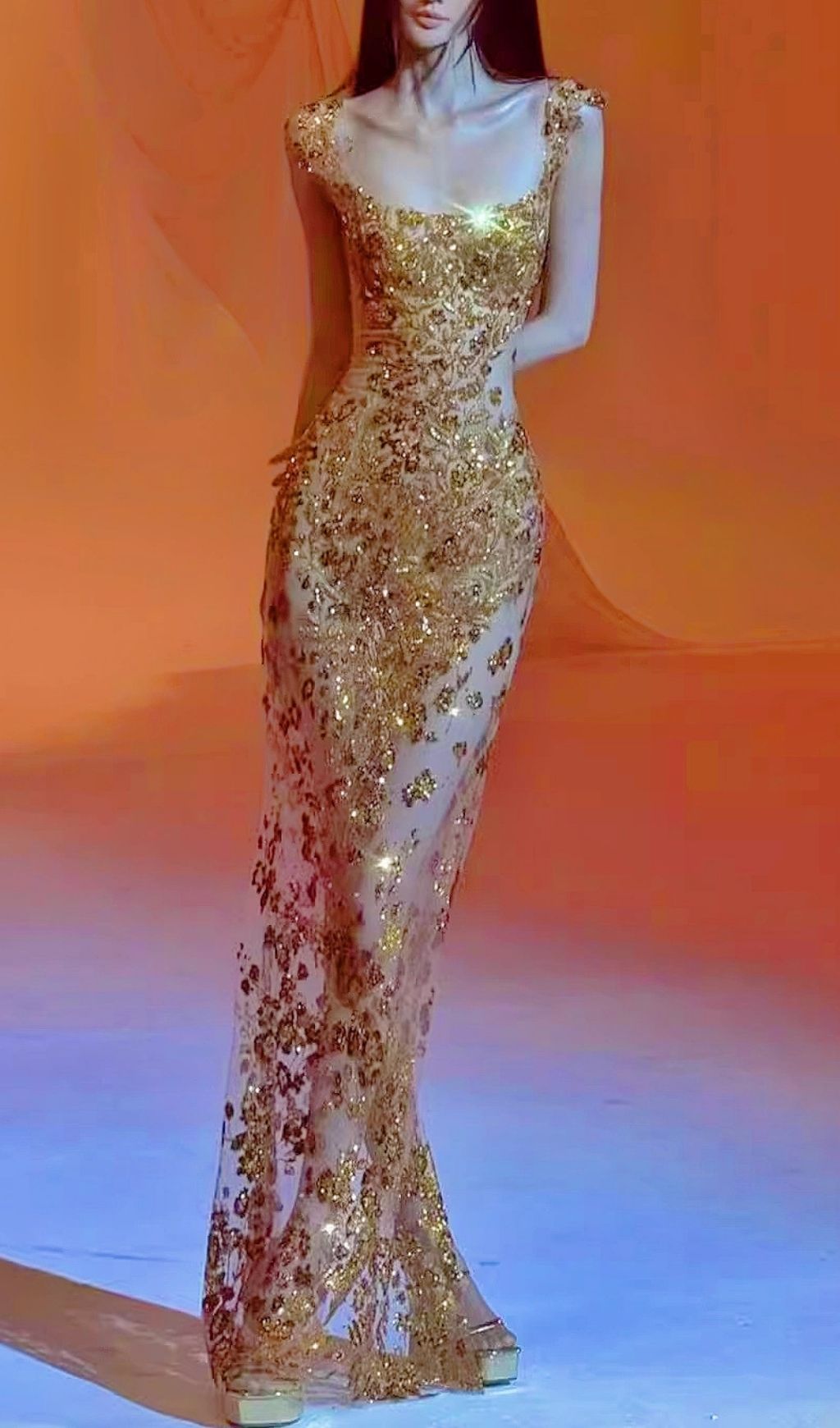 Kochava Gold Sequin Beaded Mesh Maxi Dress