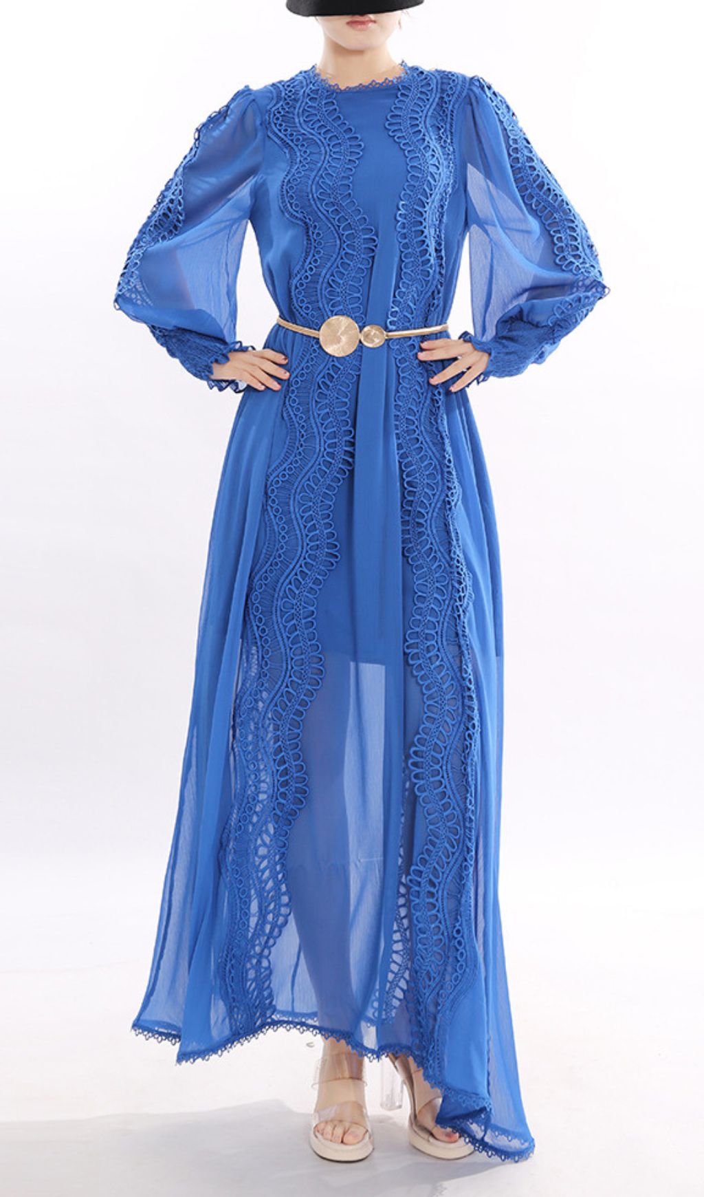 Jeslyn Elegant Royal Blue Lace-Trim Long Sleeve Maxi Dress