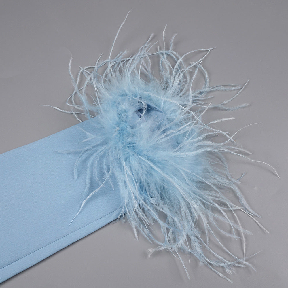 Chic Light Blue Feather Cuff Blazer Mini Dress - Deep V Party Style