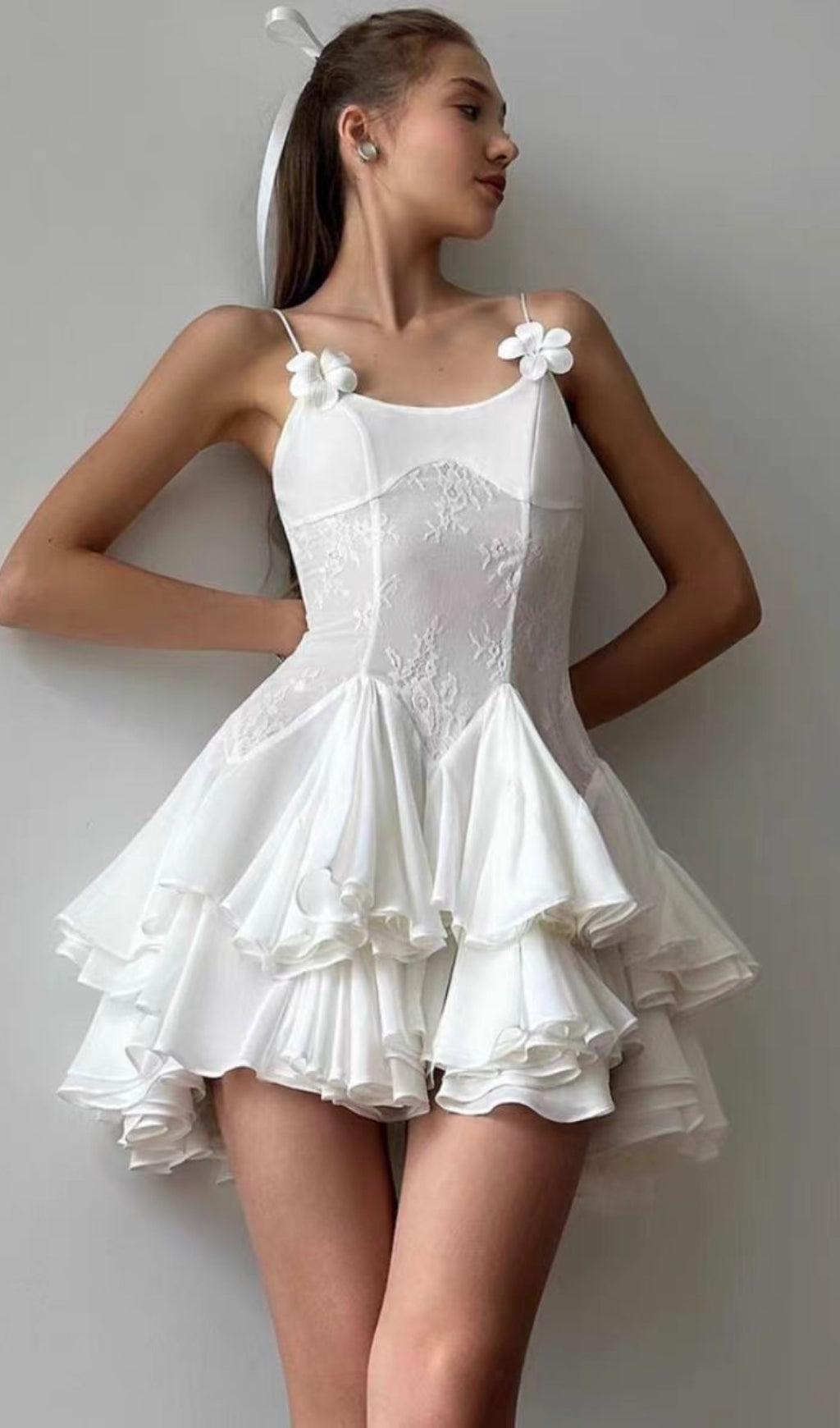 Almis White Lace Ruffle Mini Dress