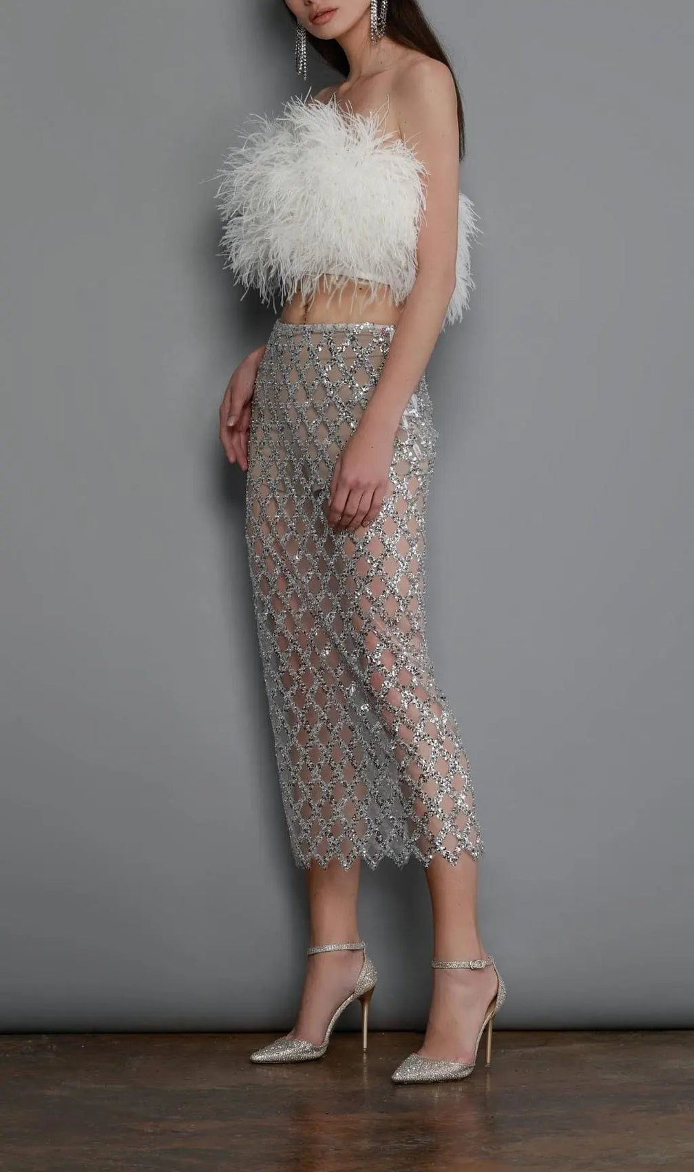 Feather Sequin Two Piece Set In White