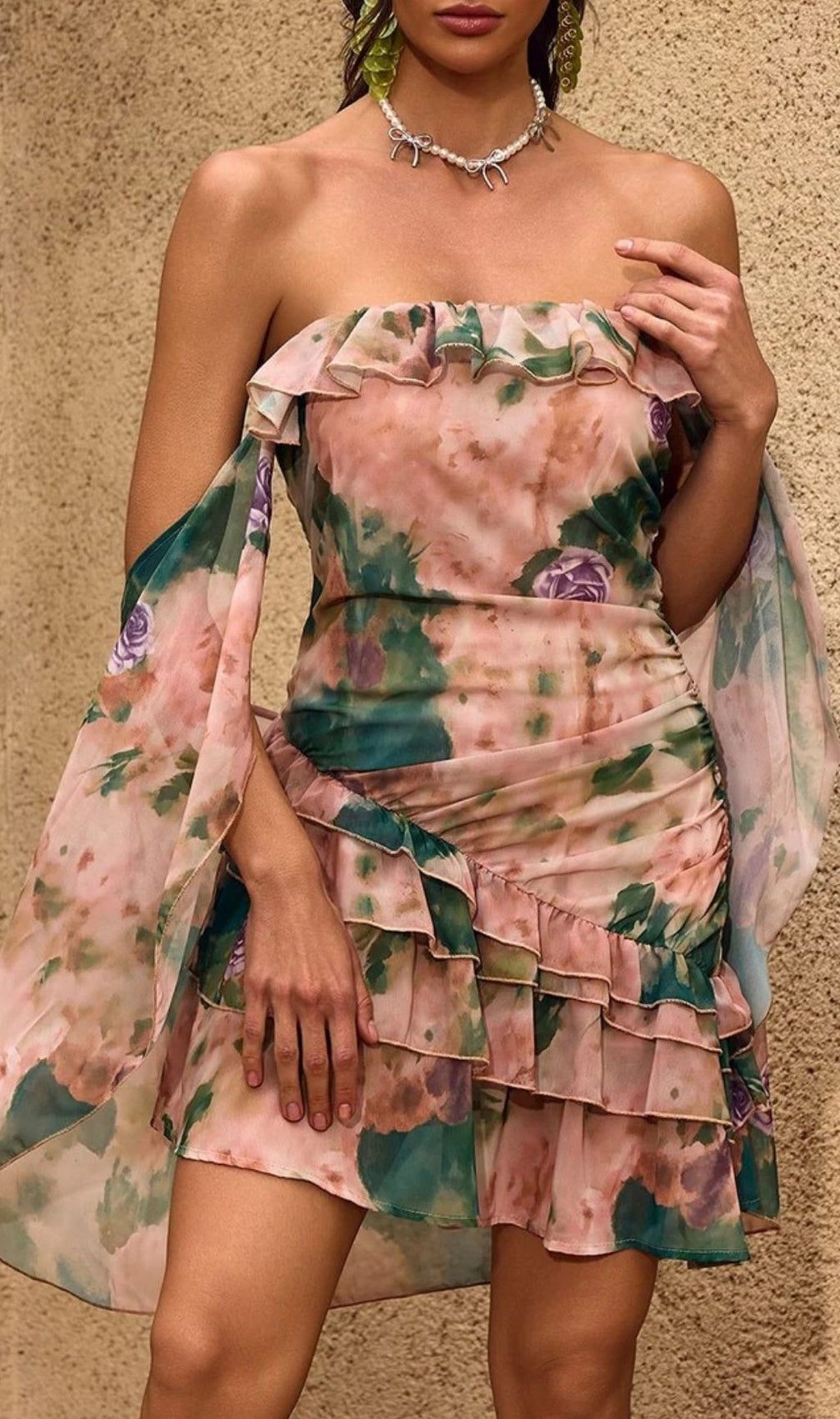 Dreamy Chelan Floral Ruffle Mini Dress with Off-Shoulder Cape Sleeves