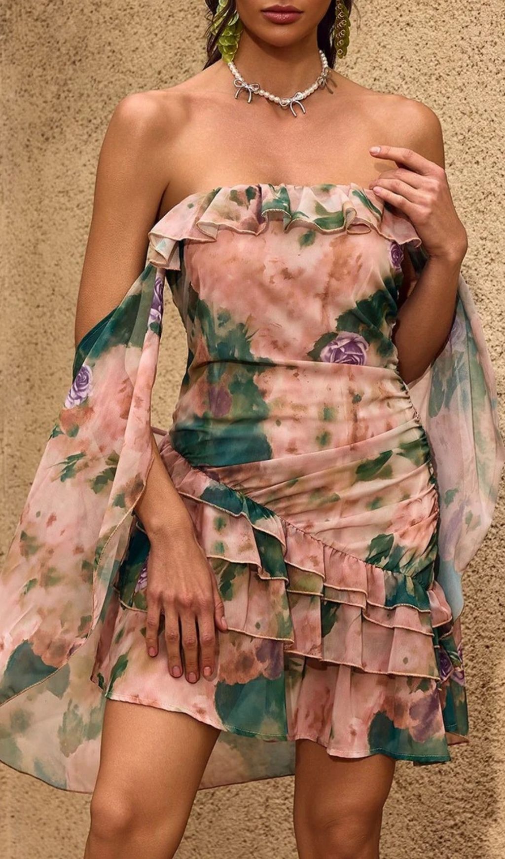 Dreamy Chelan Floral Ruffle Mini Dress with Off-Shoulder Cape Sleeves