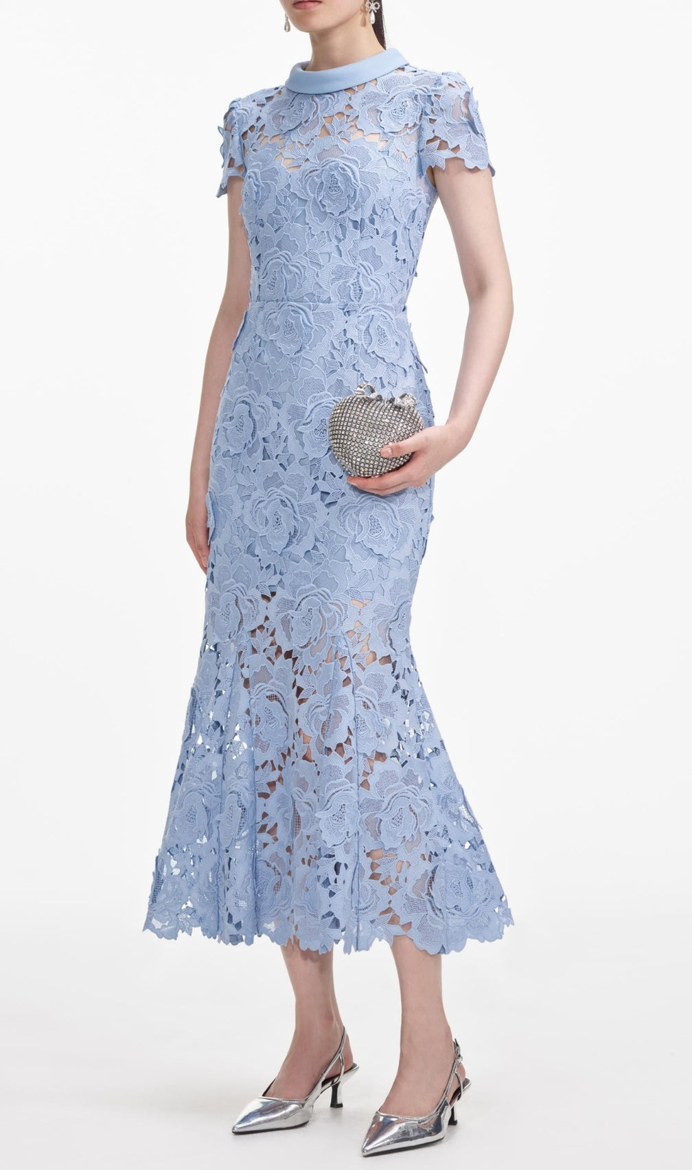 Blue Flower Lace Contrast Collar Midi Dress