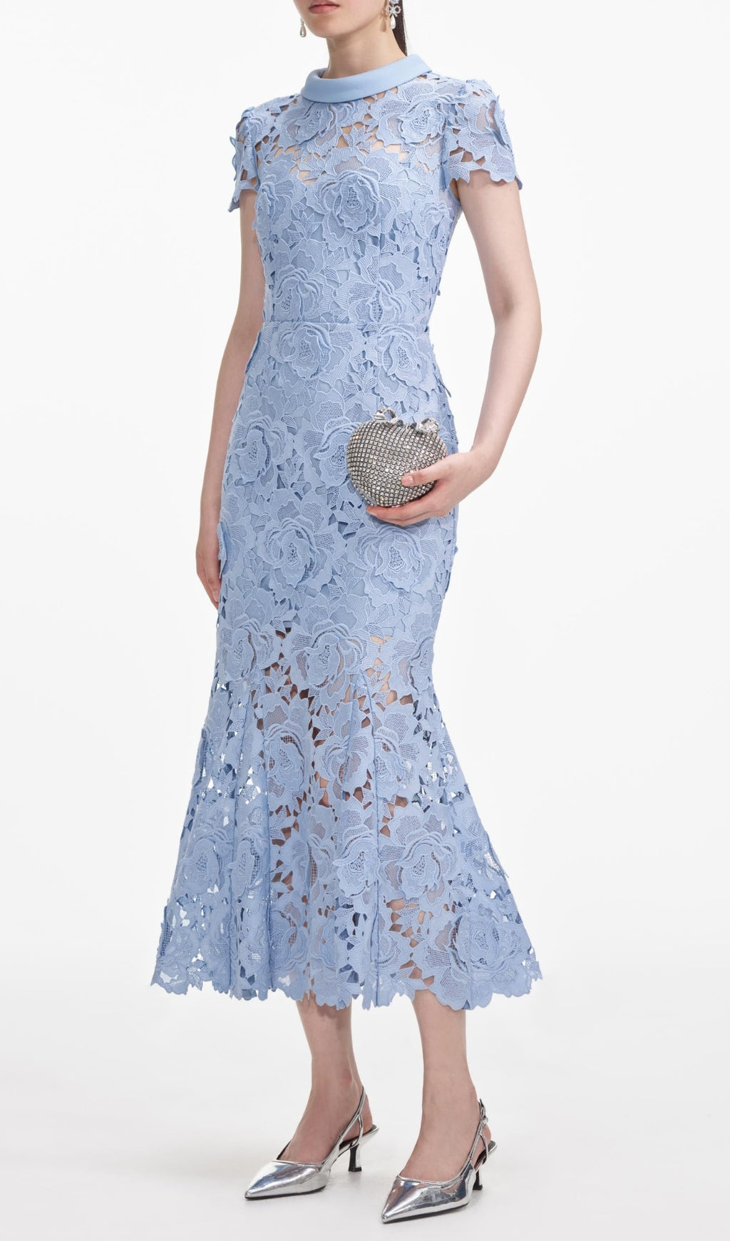 Blue Flower Lace Contrast Collar Midi Dress