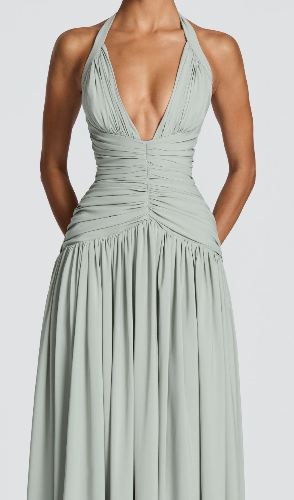 Kelley Celadon Halter Maxi Dress - Elegant Ruched Gown with High Slit