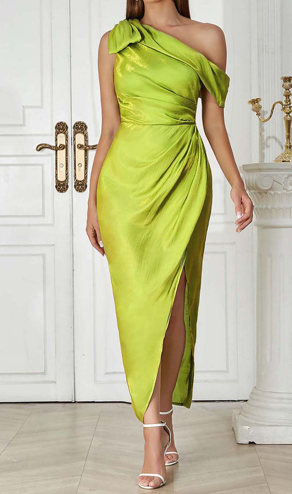 One Shoulder Side Asymmetrical Maxi Dress In Green