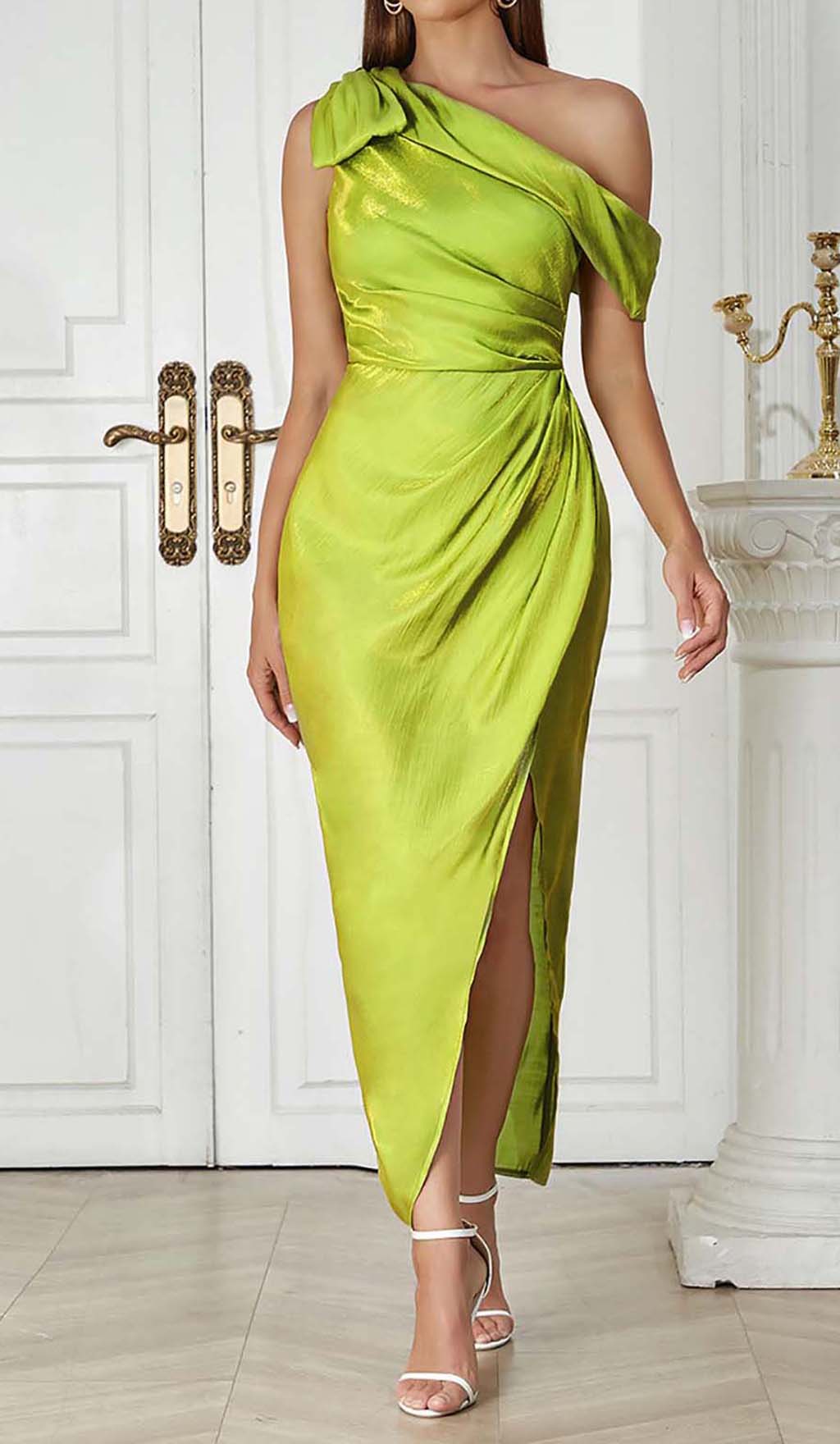 One Shoulder Side Asymmetrical Maxi Dress In Green