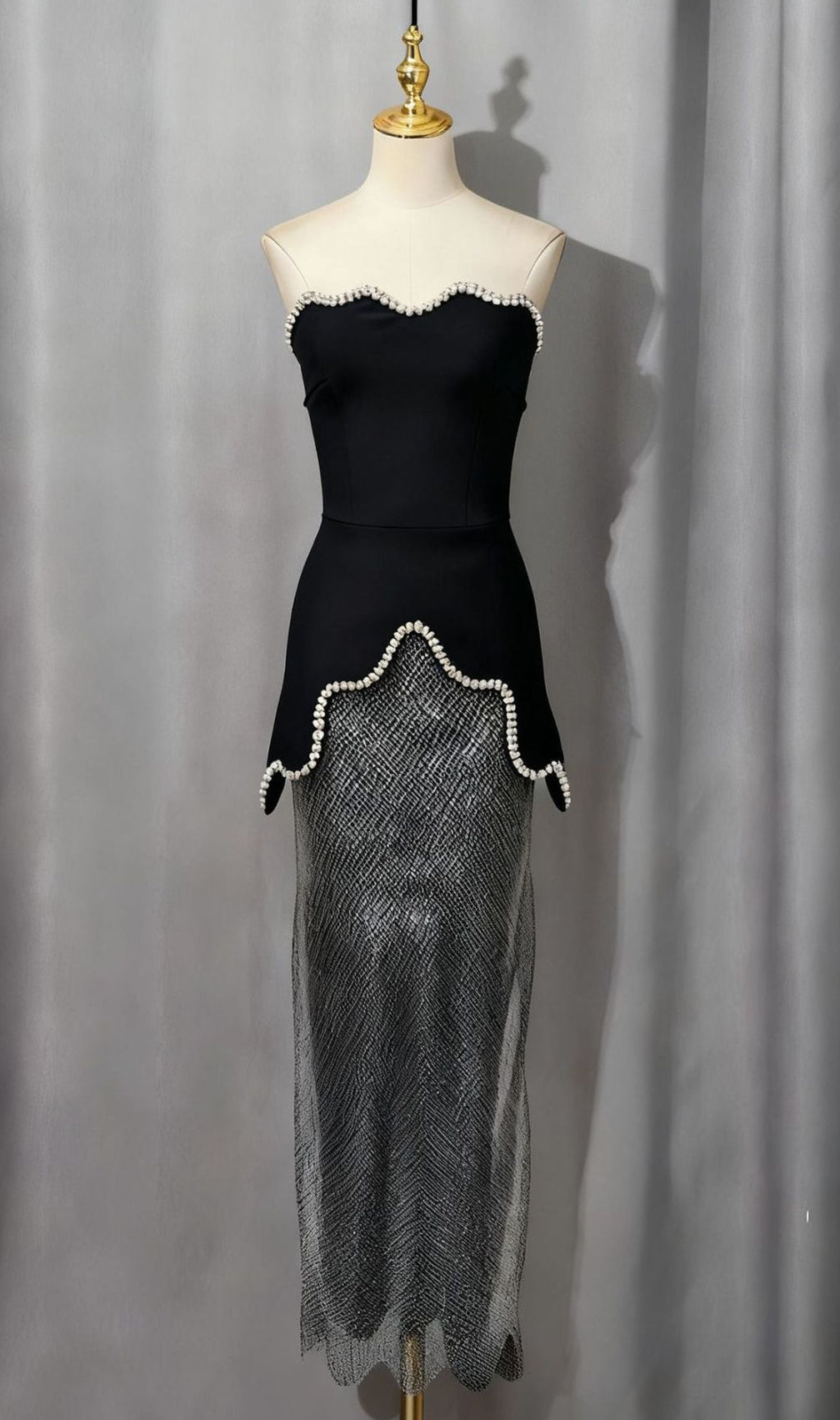 Itamar Glamour: Black Beaded Strapless Top & Sparkling Silver Sequin Skirt Set