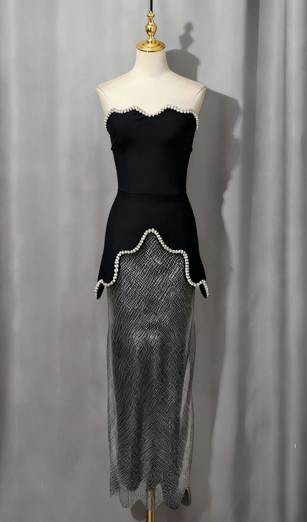 Itamar Glamour: Black Beaded Strapless Top & Sparkling Silver Sequin Skirt Set