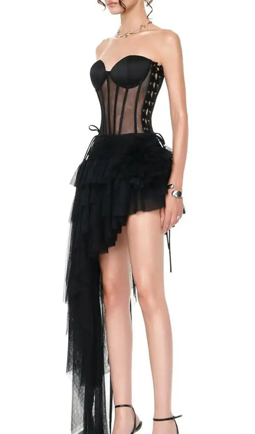 Gaetana Black Corset Top & Irregular Mesh Skirt Set