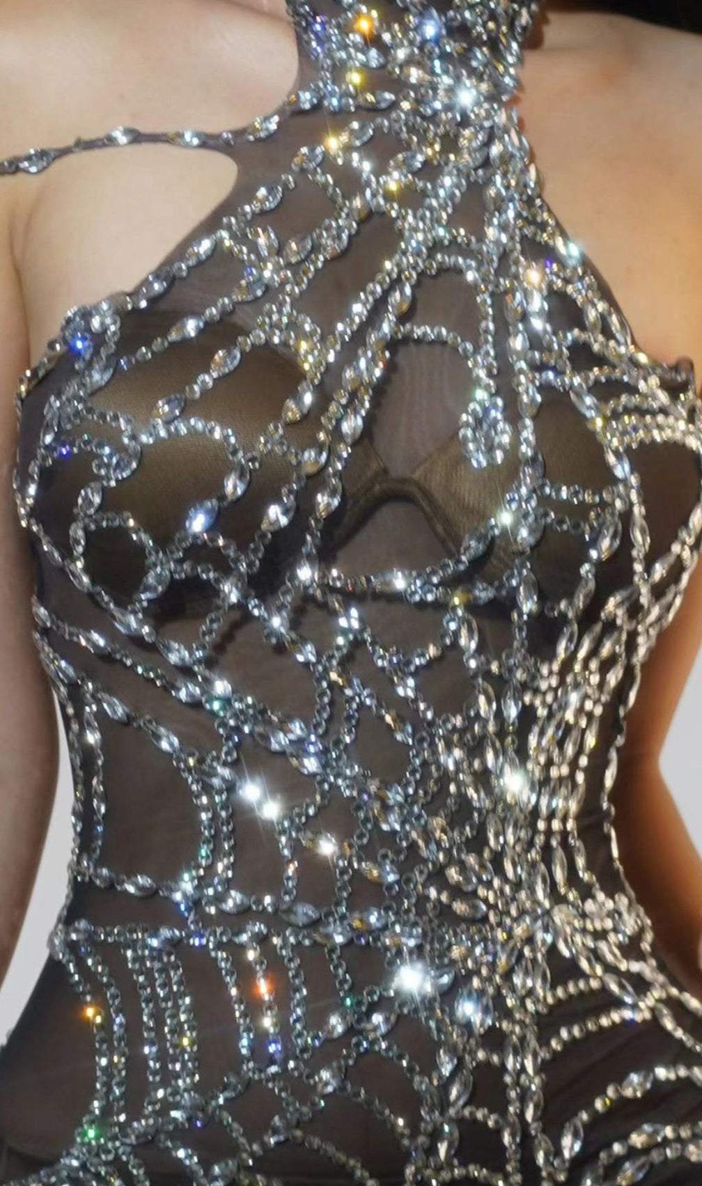 Siesen Dazzling Rhinestone Cobweb Mesh Halter Jumpsuit - Sheer Evening Bodysuit