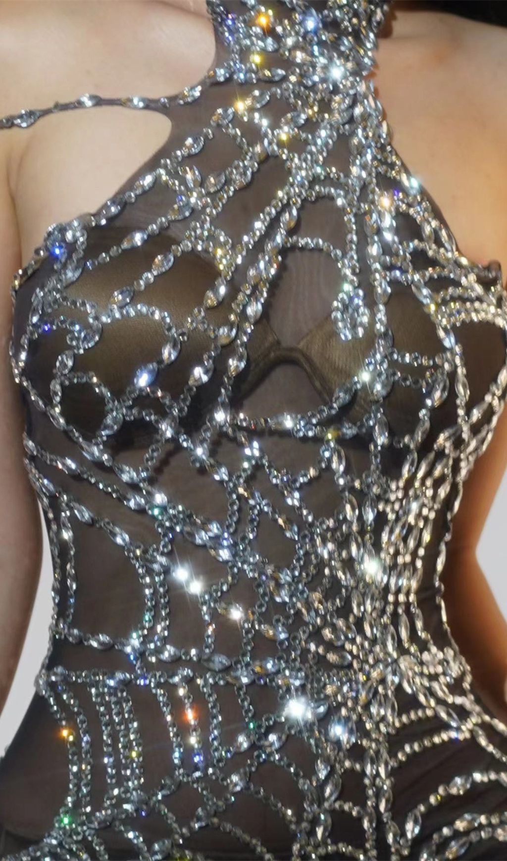 Siesen Dazzling Rhinestone Cobweb Mesh Halter Jumpsuit - Sheer Evening Bodysuit