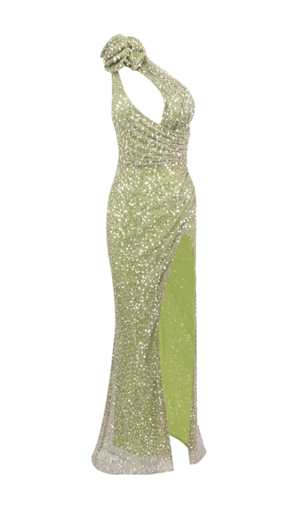 One Shoulder Floral Sequin Maxi Dress Green