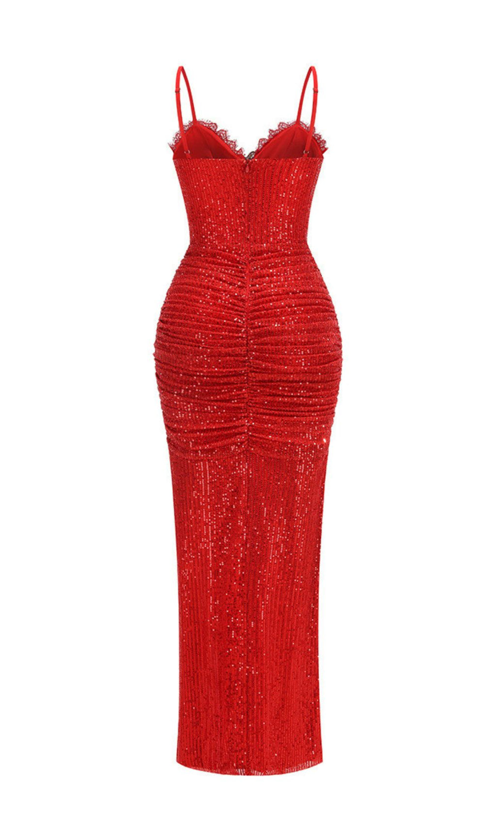 Ignite the Night: Janella Red Sequin Ruched Strappy Maxi Dress
