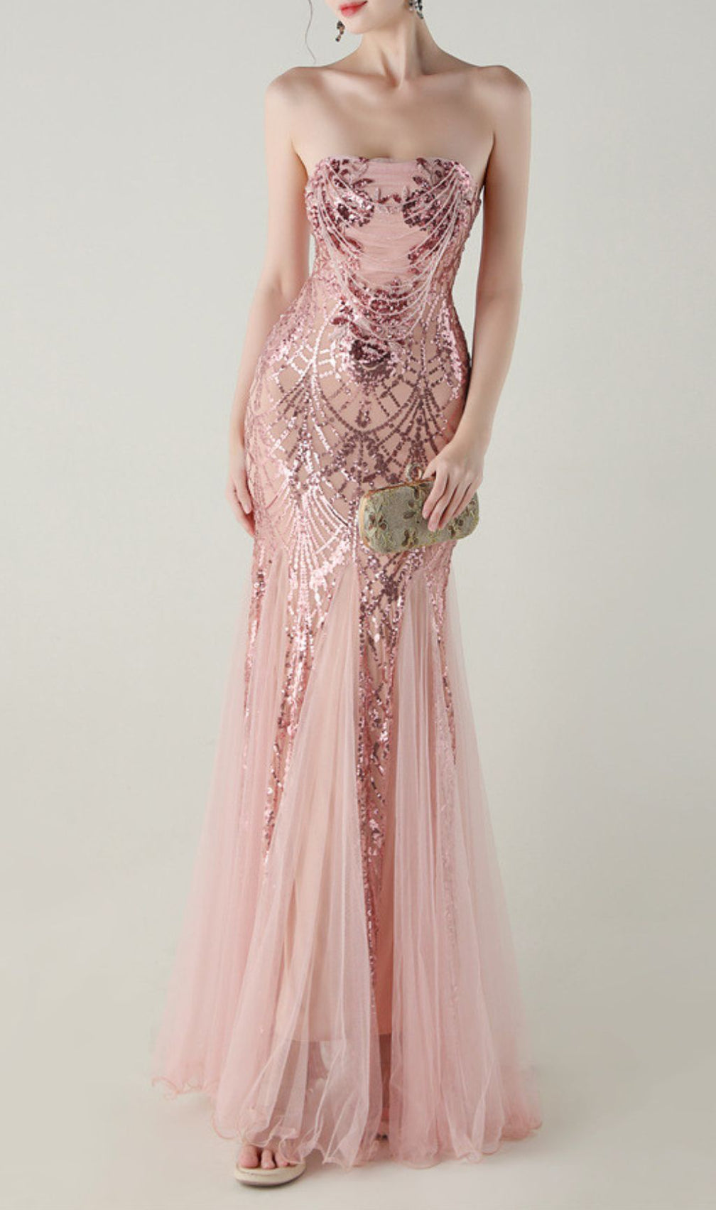 Ikuye Rose Gold Sequin Strapless Mermaid Gown - Gala & Prom Maxi Dress