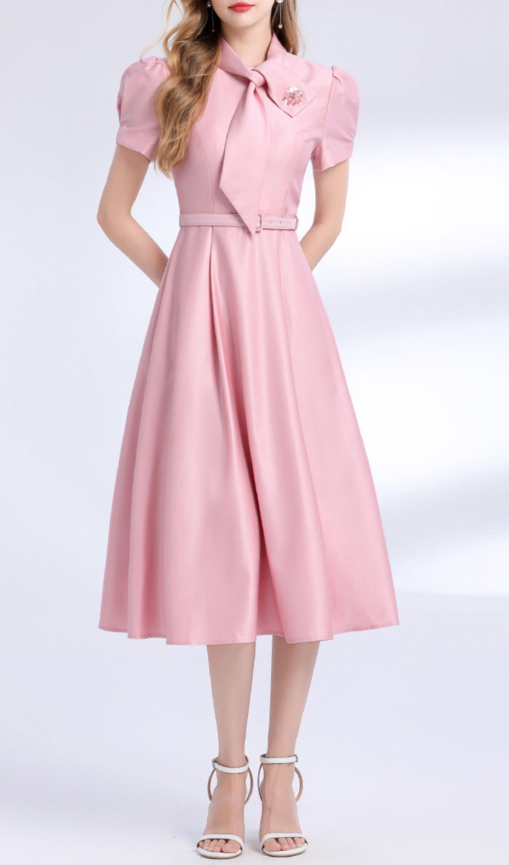 Funa Pink Bow Tie Midi Dress